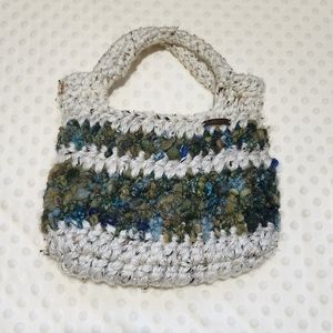 Hand Knit Boho Chic Handbag, Thick Cream Yarn with shades of greens & blues